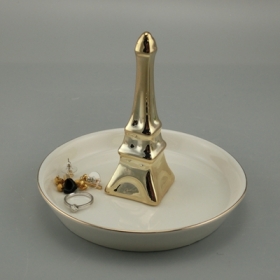 Gold überzogener weißer keramischer Eiffelturmschmucksacheschalen-Ringhalter
